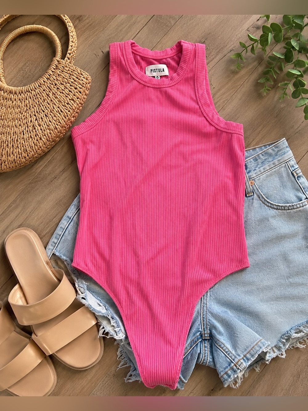 Pistola Pink Ribbed Sleeveless Bodysuit Size Small | High Neck Stretch Tank Top - Picture 1 of 5